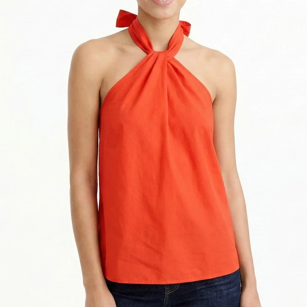 NWT J Crew Reimagined Orange Cotton Poplin Halter Bow Top Blouse Size XL